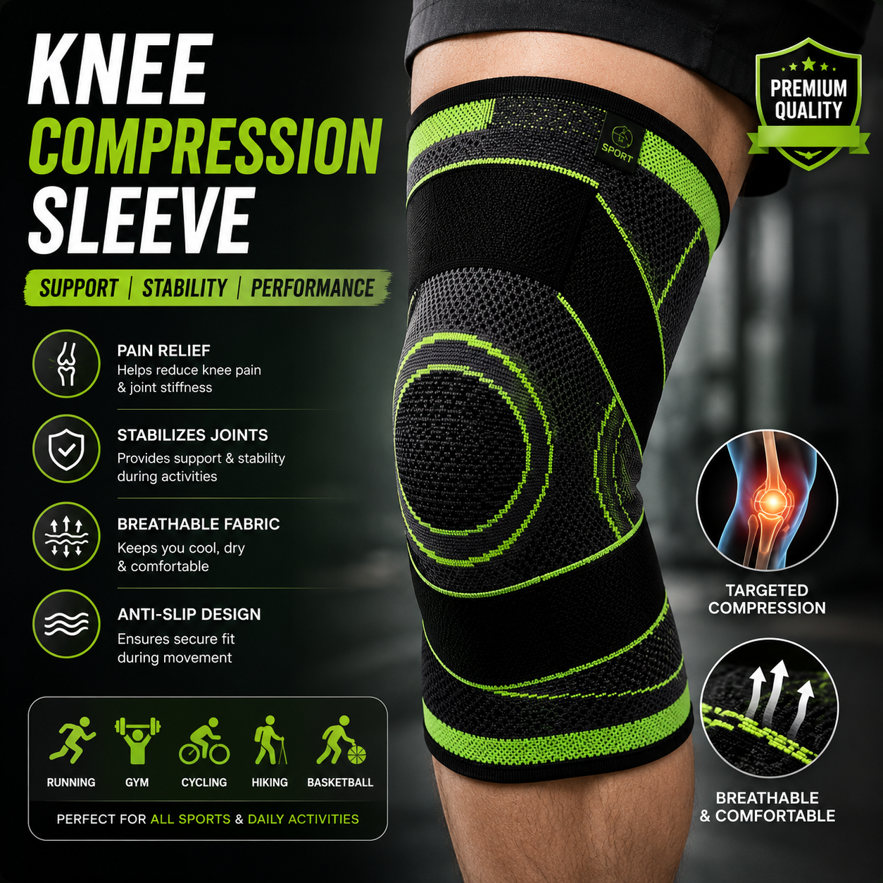 Knee Compression Sleeve for Sports, Workout & Pain Relief